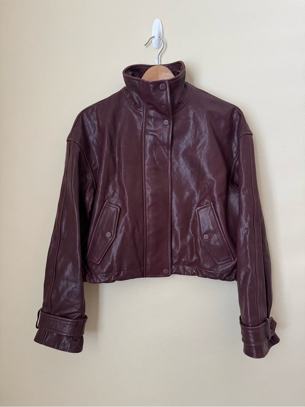 Veronica Beard Bateman Cropped Leather Jacket Raisin XS